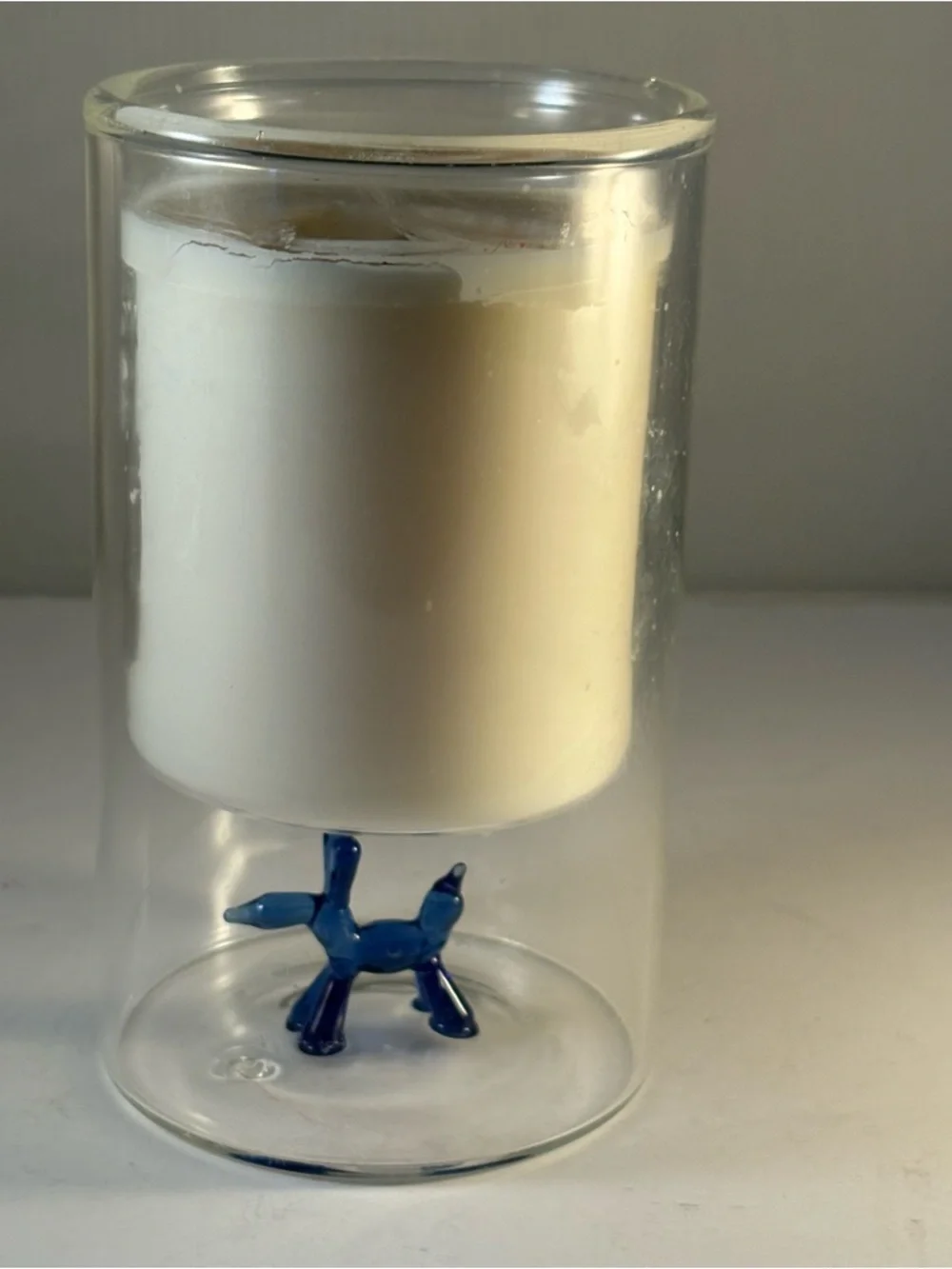 Unique Candle Holder Clear Glass With Blue Balloon‎ Dog Sculpture On Base 5.75”